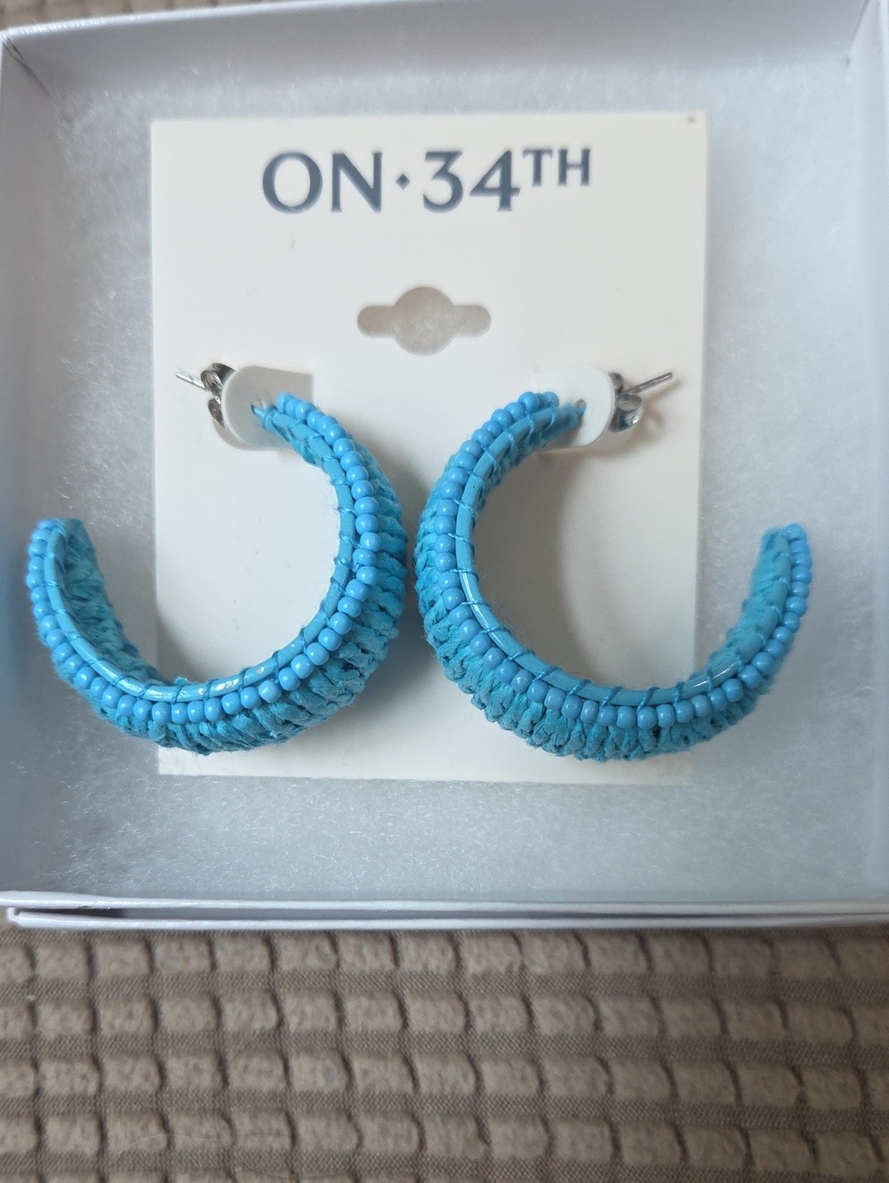 NWT ON·34TH Turquoise Woven & Beaded Hoop Earrings